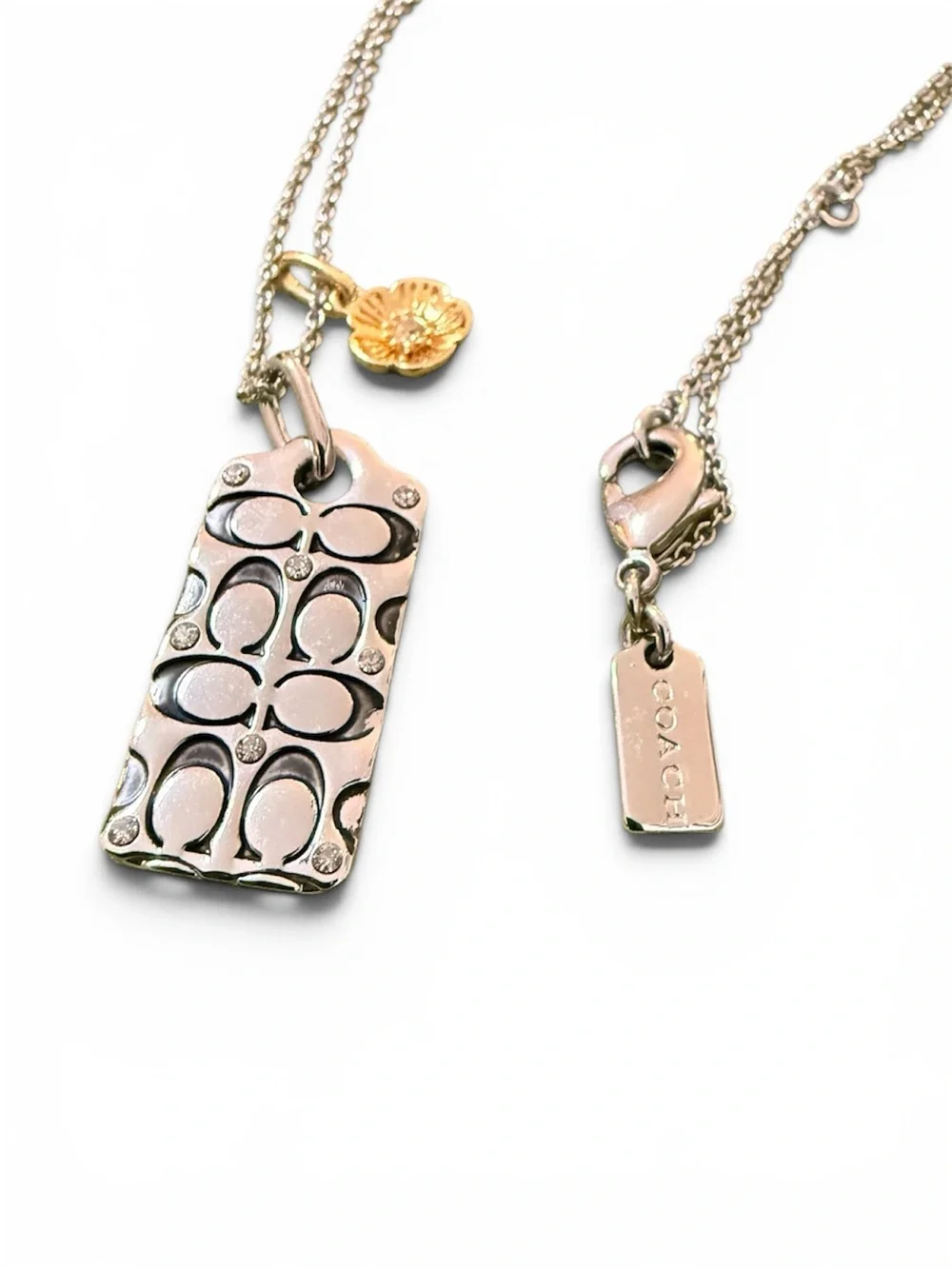 Coach Signature Tag Pendant Necklace Silver Tone Crystal Tea Rose Charm